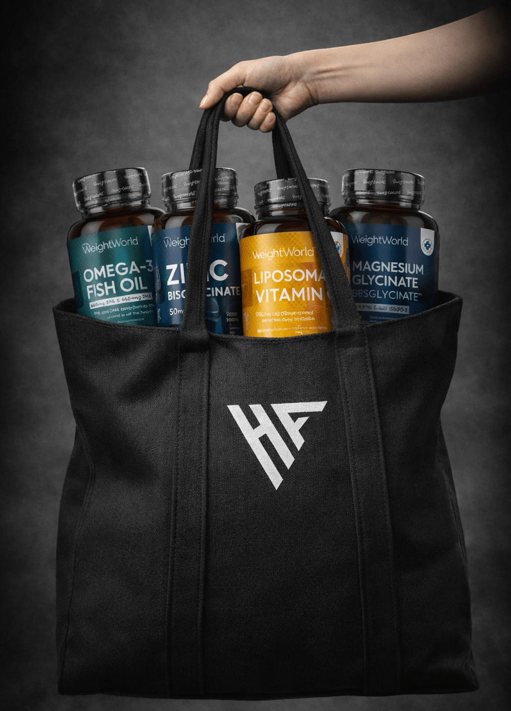 Weight World supplements in HA tote bag